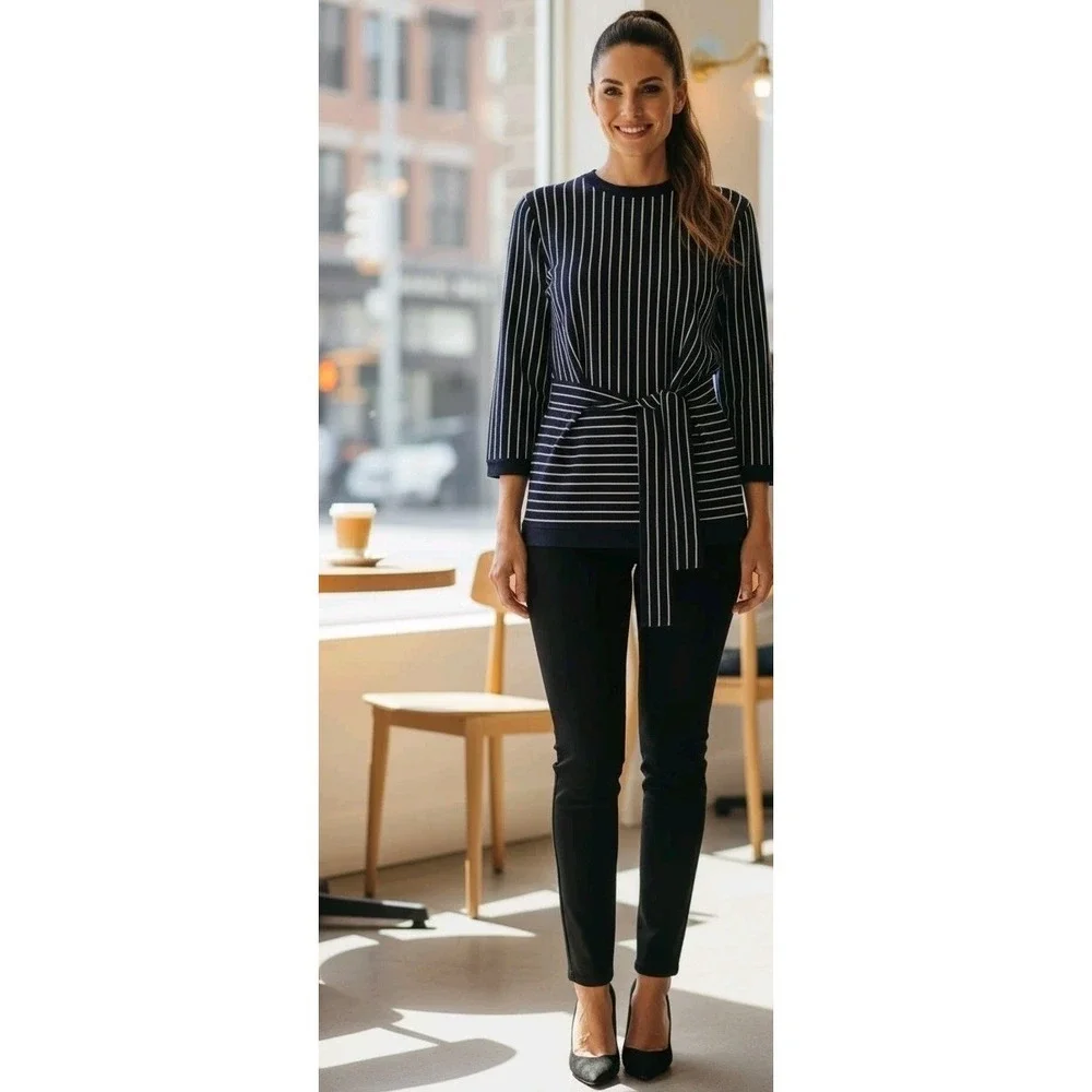 Brooks Brothers Navy Pinstripe Sweater Belted Preppy Old Money Supima Cotton‎ M